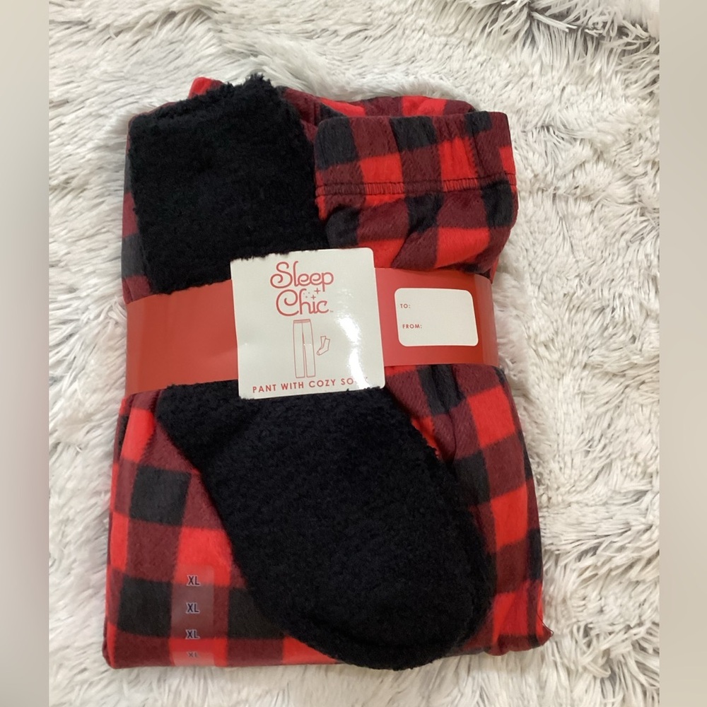 Sleep Chic red gingham check fleece sleep pant with socks Woman’s XL